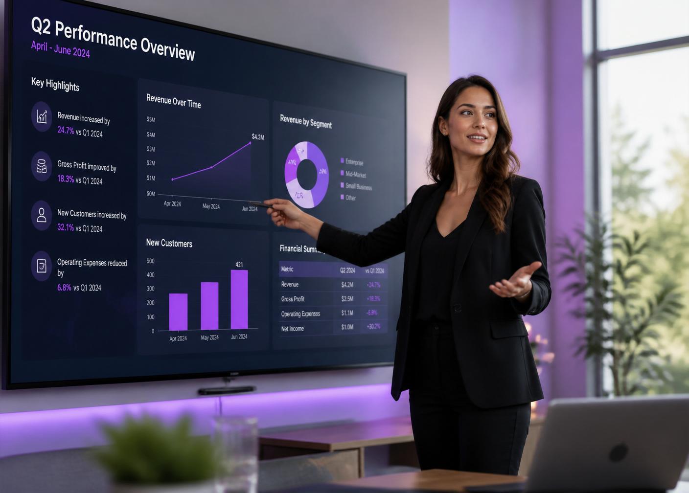 A Divasprik consultant presenting business analytics on a wall-mounted screen